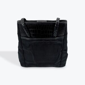 Brighton Black Purse Croc Embossed Leather Accents Woven‎ Handles